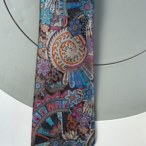 Ermenegildo Zegna Brown Tie with Blue, Pink and Orange Paisley Floral Pattern